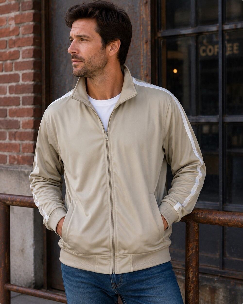 Scandia Woods Mens XL Tan Track Jacket Full Zip White Stripe